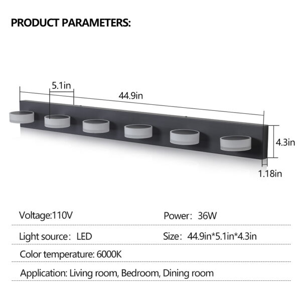 (Same as W1340110595/L2010) 45" Modern 6-Light LED Vanity Light, Sleek Black Bathroom Wall Light Fixture for Mirror, Shower, and Bathroom Decor