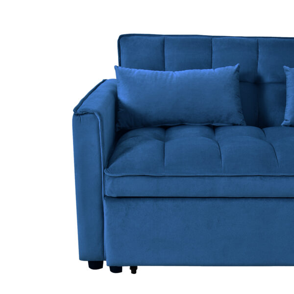3 in 1 Convertible Sleeper Sofa Bed, Modern Pull Out Couch Bed, Adjustable Backrest, Velvet Loveseat Futon Sofa with Pillows & Pockets for Living Room Apartment, Blue