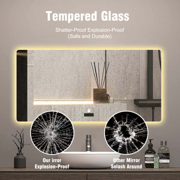 48x32in Frameless bathroom mirror with light, LED backlit mirror, tri-color dimming, anti-fog function, waterproof, smart sensor