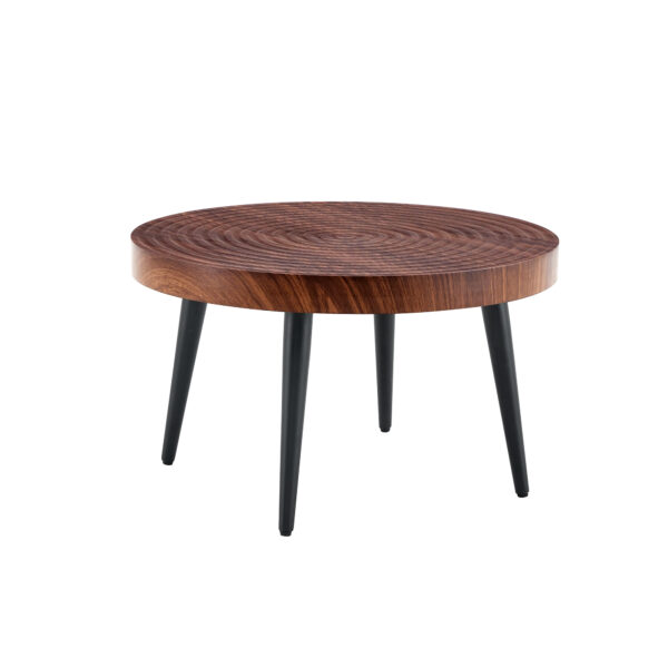 cec4335ff6a34a30b54e4dc59f8f5ed1_104a9d1f56f6b7d5eea291f119bea2e0 Modern Round Coffee Table - Annular Texture, Durable and Robust With a Diameter of 23.6 inches.Exquisite Suction Molding Process,Walnut Color Pattern Design,Black Sprayed Metal Leg.