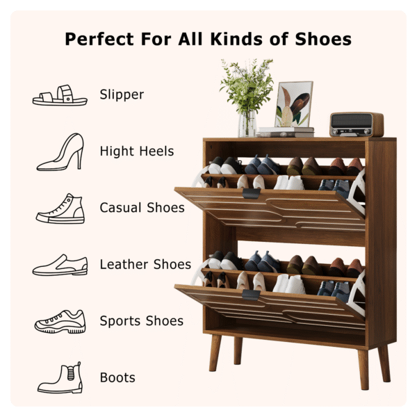 Medieval Modern Independent Shoe Cabinet, 31.5-inch Walnut Shoe Storage Cabinet,, Fence Shoe Cabinet with 2 Flip Drawers, Suitable For Corridors And Entrances