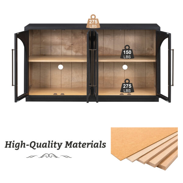TREXM 4-Door Large Storage Sideboard Buffet Cabinet with Glass Doors, Arched Cabinet with Adjustable Shelves for Kitchen, Dining Room and Living Room (Black)