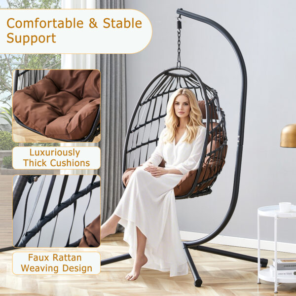 Indoor Outdoor Egg Swing Chair with Stand, Patio Grey Wicker Rattan Hanging Chair with Rope Back, Cushion,Cover,All Weather Foldable Hammock Chair for Bedroom, Porch, Garden