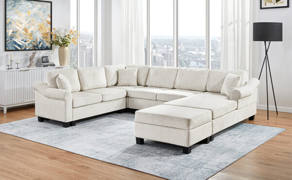 Sectional Sofa 111.8" U-shaped Sofa Chenille Upholstered Sofa Couch with Movable Storage Ottoman for Living Room, White