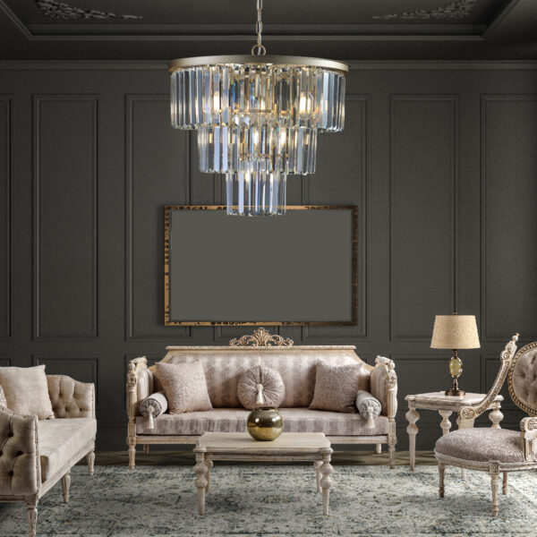 (Same as W1340P143192/L5007-500-G) 20" Luxury 3-Tier Crystal Chandelier, 7-Light Gold Frame Pendant Light, Elegant Ceiling Lighting for Living Room, Dining Room, Bedroom (No Bulbs)