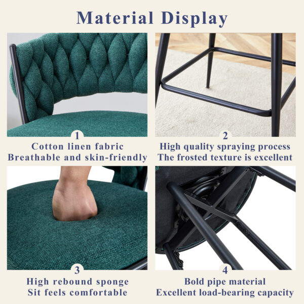 Two rotating bar stools with breathable cotton and linen soft cushions, in a retro green seat and black spray-painted iron frame, suitable for both restaurants and bars