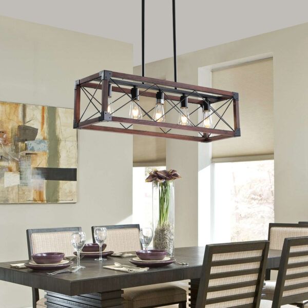 (Same as W1340P155968/L1011-RW) 32" Red Wood Industrial Farmhouse Rectangle Pendant Light, 5-Light Chandelier for Dining Room, Kitchen Island, Cafe Decor (No Bulbs)