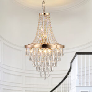 (Same as W1340102274/L5004) 20" Modern Crystal Pendant Chandelier with Golden Finish – Elegant 11-Light Hanging Light Fixture Tiered Design for Dining Room, Living Room, or Entryway (No Bulbs)