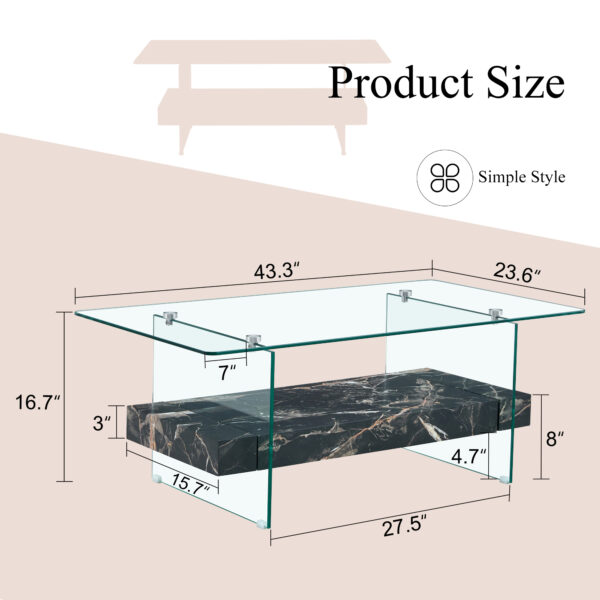 d07782f6934049459af0e00961887873_f37f10e14098c0270160670efdf6996a 43.3 Inch Modern Two-Tier Coffee Table - An Elegant Combination of Clear Glass and Black Marble Pattern.It can be used not only as a coffee table but also as a side table or display stand.