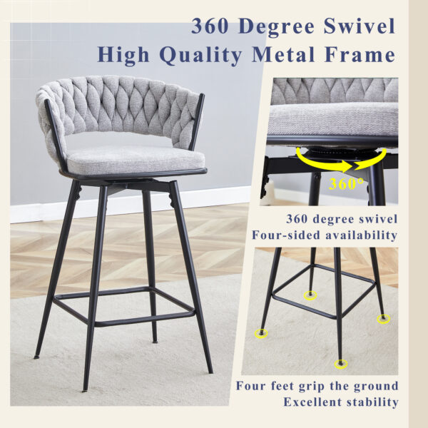 Set of 2 Swivel Bar Stools with Breathable Linen Cushions - Light Gray Seat & Black Iron Frame, Counter Height Stools for Kitchen Island, Dining or Pub