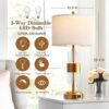 Bedside Table Golden Lamp For Living Room With USB Ports, Set Of 2 With Touch Control, Modern Nightstand White Drum Lamp Shade Bedrooms Home Office Light Decor (2700K LED Bulb Included)