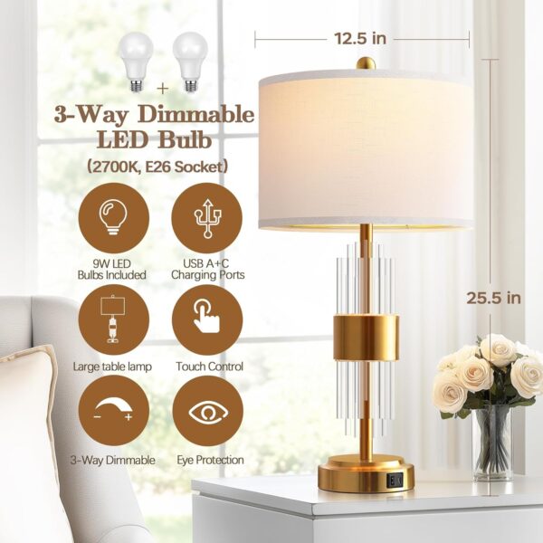 d11c8aad81c74f0296f18b1ec10a2289_50cb4f816b622e298f488ab34d43d80b Bedside Table Golden Lamp For Living Room With USB Ports, Set Of 2 With Touch Control, Modern Nightstand White Drum Lamp Shade Bedrooms Home Office Light Decor (2700K LED Bulb Included)