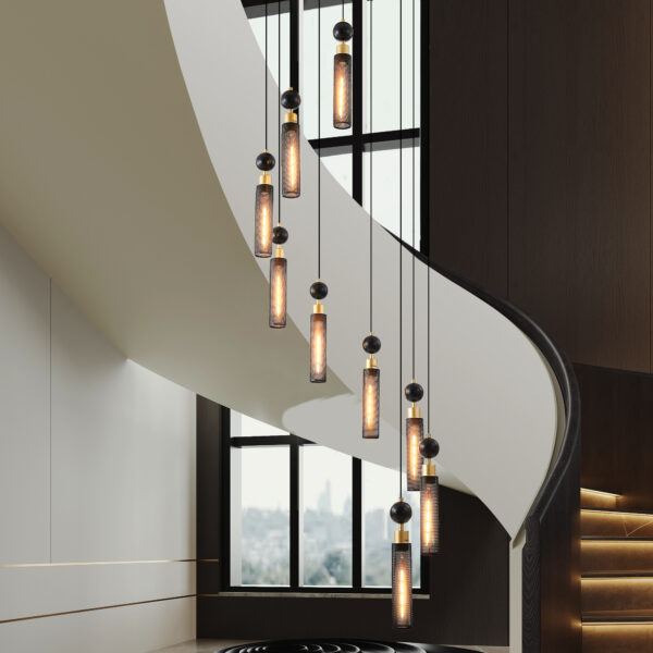 24" Modern Industrial Multi-Light Pendant Chandelier - 9-Light Black and Gold Adjustable Ceiling Light Fixture with Mesh Cylinder Shades for Living Room, Dining Room, or Staircase (Bulb Not Included)