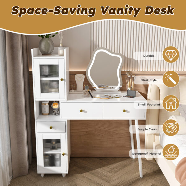 d2deb2b0f1454b5184b2c87ce257feba_7182b257c157d81740d849defc855ab5 Vanity Dressing Table with LED Mirror & Storage – White Makeup Desk Features 3 Drawers, 2 Open Shelves & 4 Hidden Cabinets (Transparent Doors) - 3 Adjustable Lighting Modes - Ideal for Bedroom or Livi