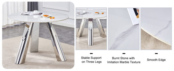 d37888eb3dae4887a680bc1650414692_4de87d455a764104a72b392889e0cb62 A 42-inch stainless steel leg round table with a marble top is suitable for use by four or six people
