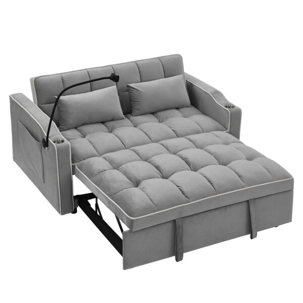 55.51 inch versatile foldable sofa bed in 3 lengths, modern sofa sofa sofa velvet pull-out bed, adjustable back and with USB port and ashtray and swivel phone stand (Grey)