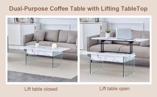 d434299271a14d5bb5dd78d8ea6985ea_07c56016030c76a2853c4e1967604bab Multifunctional Lift Top Coffee Table -White Marble Pattern, Essential for Modern Homes.Tempered Glass Legs,Multiple Color Options,Lift Top Feature.Perfectly Fitting Into Both Living Rooms And Office.