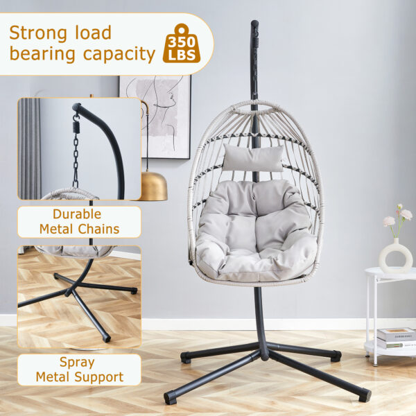 GRHeavy-Duty Iron Hanging Chair with Wicker Weave – Single Person Swing for Indoor/Outdoor (Gray)
