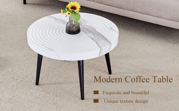 d471b7b49b7b46fa970bcb16286bcd6d_6ee8861115b51219acacb2c658e003cd Elegant White Marble Pattern Round Coffee Table - Diameter 23.6 Inches, Exquisite Suction Molding Process,White Marble Pattern Design,Black Sprayed Metal Leg.