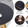 The 42-inch stainless steel gold-plated flamed granite round table with seating for 4 or 6 people is perfect for dining, entertaining, or as a conference table