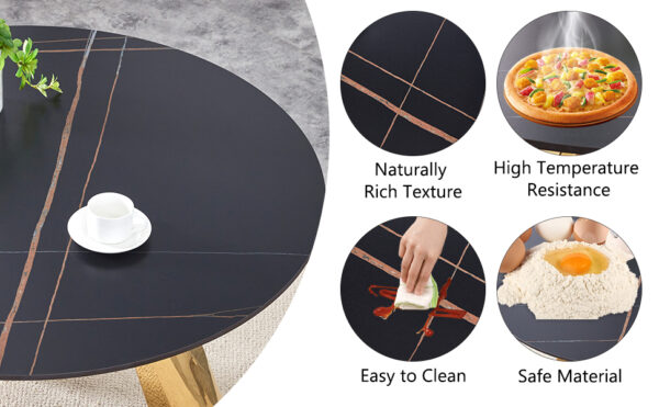 d4bffac9e4684c1fa6b3d55fedeb159c_e809e2ddf9d252dcfa348ac85ced880e The 42-inch stainless steel gold-plated flamed granite round table with seating for 4 or 6 people is perfect for dining, entertaining, or as a conference table