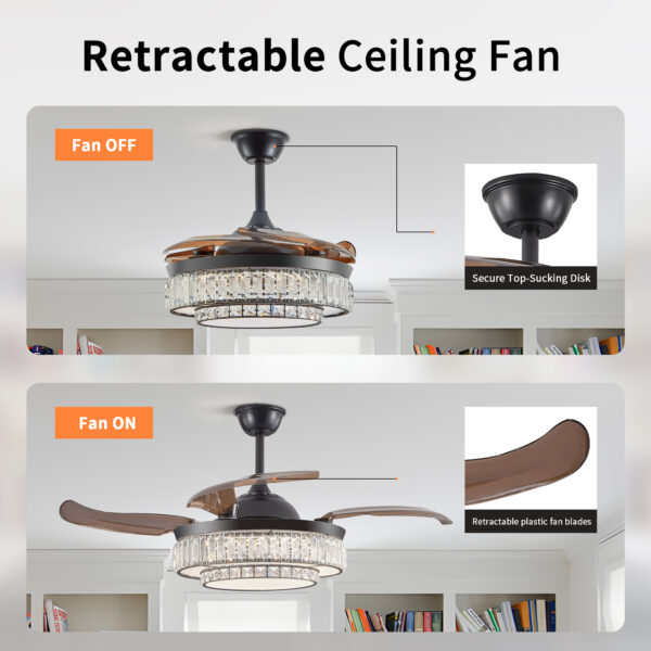 d4cd92f68dec446e81ee604cca6c9493_31bfcb4660413cd309d0ecc0af19b159 48" Contemporary Crystal LED Retractable Ceiling Fan with Light and Remote Control, 6-Speed Quiet Reversible DC Motor,4 Blades Modern Ceiling Fans for Kitchen Bedroom Dining Room Patio