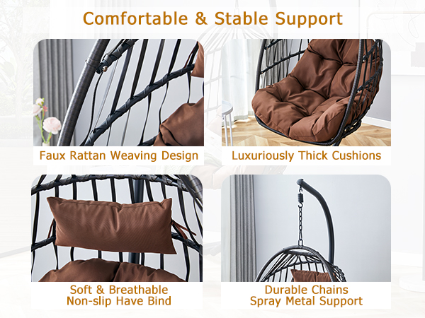 Indoor Outdoor Egg Swing Chair with Stand, Patio Grey Wicker Rattan Hanging Chair with Rope Back, Cushion,Cover,All Weather Foldable Hammock Chair for Bedroom, Porch, Garden