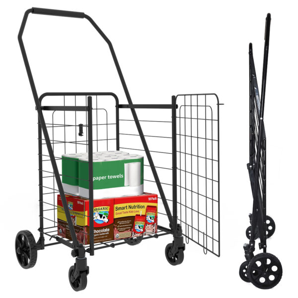 Shopping Cart with open door,Grocery Cart on Wheels, Foldable Utility Shopping Carts with Double Basket and 360° Rolling Swivel Wheels for Groceries Laundry