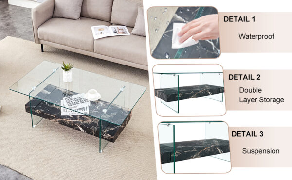 d54363ccfb8e463f8ce6d6644c65c87d_547be8d4812a4ffa6ac031f2302ebecc 43.3 Inch Modern Two-Tier Coffee Table - An Elegant Combination of Clear Glass and Black Marble Pattern.It can be used not only as a coffee table but also as a side table or display stand.