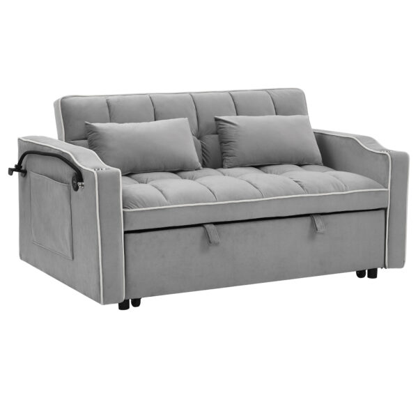 55.51 inch versatile foldable sofa bed in 3 lengths, modern sofa sofa sofa velvet pull-out bed, adjustable back and with USB port and ashtray and swivel phone stand (Grey)