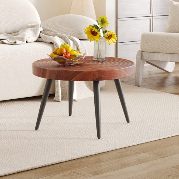 d684b6746f6749a3ab3c5f0ad5e03109_92962840b45d6e647facb0e09fba7391 Modern Round Coffee Table - Annular Texture, Durable and Robust With a Diameter of 23.6 inches.Exquisite Suction Molding Process,Walnut Color Pattern Design,Black Sprayed Metal Leg.