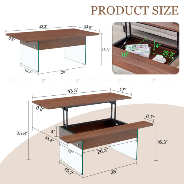 d69178fabe324ca4ac6b7981213874c9_bc4b41b2af804bf78ab3ff351423403b Multifunctional Lift Top Coffee Table -Dark Wood Color Grain Sticker, Essential for Modern Homes.Tempered Glass Legs,Lift Top Feature.Perfectly Fitting Into Living Rooms And Office.