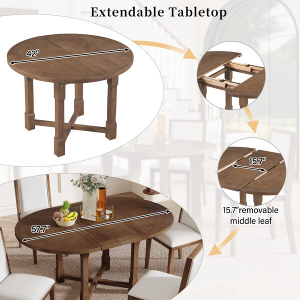 TREXM 5-Piece Extendable Dining Table Set for 4, Round Dining Table for 4 with Upholstered Chairs, Farmhouse Kitchen Table Set with Removable Leaf for Dining Room and Kitchen (Brown)