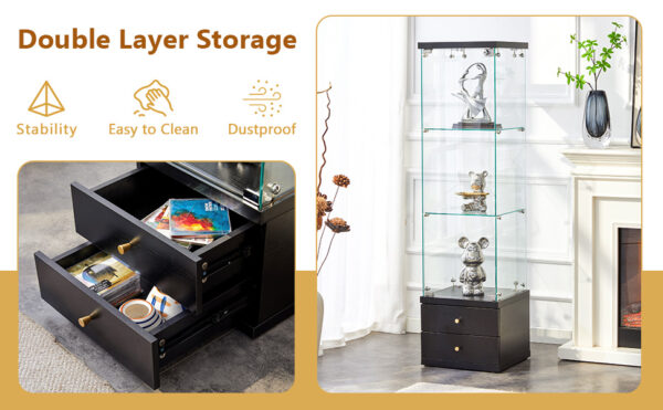 American-Style Non-Lit Glass Display Cabinet (0.2" Tempered Glass) – Soft-Close Drawer Slides  3 Adjustable Shelves, Ideal for Display & Storage