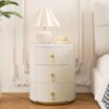 Upholstered Nightstand with 3 Drawers, Round Bedside Table with Metal Handles,Marbling Stickers Top Night Table for Bedroom, Fully Assembled Except Handles, Beige