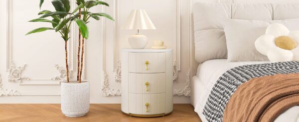Upholstered Nightstand with 3 Drawers, Round Bedside Table with Metal Handles,Marbling Stickers Top Night Table for Bedroom, Fully Assembled Except Handles, Beige