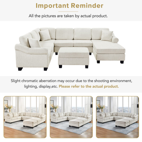 Sectional Sofa 111.8" U-shaped Sofa Chenille Upholstered Sofa Couch with Movable Storage Ottoman for Living Room, White