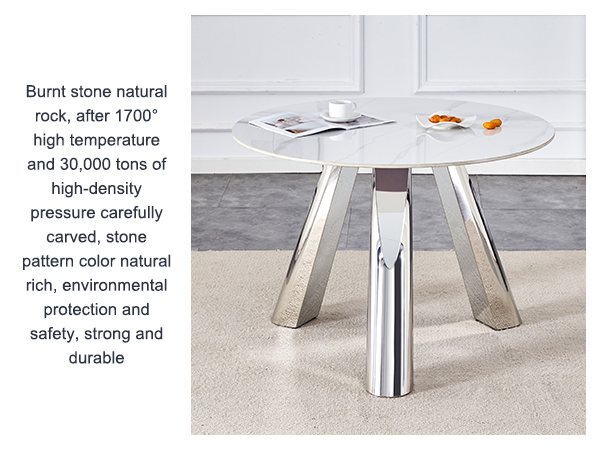 d77d6f5a31b249619b6446f7f9b5fbf6_257df071b8822ec7a79f52fb6ab1bdc1 A 42-inch stainless steel leg round table with a marble top is suitable for use by four or six people