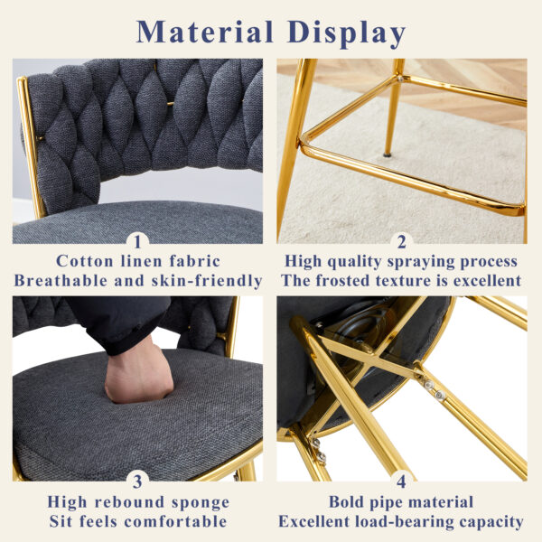 Two-piece rotating swivel chair, Dark gray cotton and linen soft seat, golden metal legs, rust-proof and wear-resistant, suitable for restaurant/bar high tables, lightweight single unit