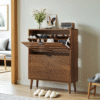 Medieval Modern Independent Shoe Cabinet, 31.5-inch Walnut Shoe Storage Cabinet,, Fence Shoe Cabinet with 2 Flip Drawers, Suitable For Corridors And Entrances