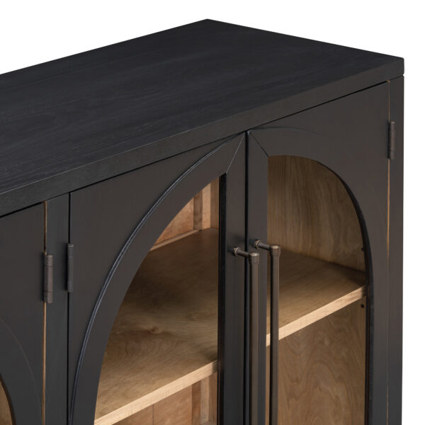 TREXM 4-Door Large Storage Sideboard Buffet Cabinet with Glass Doors, Arched Cabinet with Adjustable Shelves for Kitchen, Dining Room and Living Room (Black)