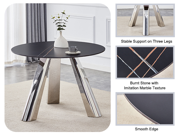 d82da6aea4034ae2ba176550445f8622_1656bfdc36f025b5613ac6693a764c7f A 42-inch burn stone round table with stainless steel legs can accommodate 4 or 6 diners