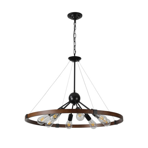 (Same as W1340111208/L1012) 32" Rustic Industrial Chandelier, 8-Light Farmhouse Pendant Lighting Fixture with Metal and Wood Finish, Adjustable Chain for Dining Room, Kitchen, or Living Room (No Bulb)