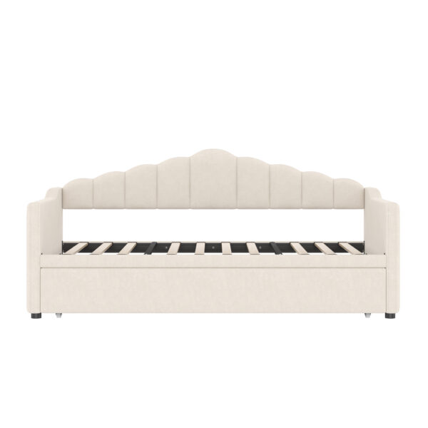 Upholstered Twin Size Daybed with Adjustable Height Pop Up Trundle Twin Bed and USB & Type-C Charging Port, Day Bed Frame with 2 Side Pockets, No Box-Spring Needed, Beige