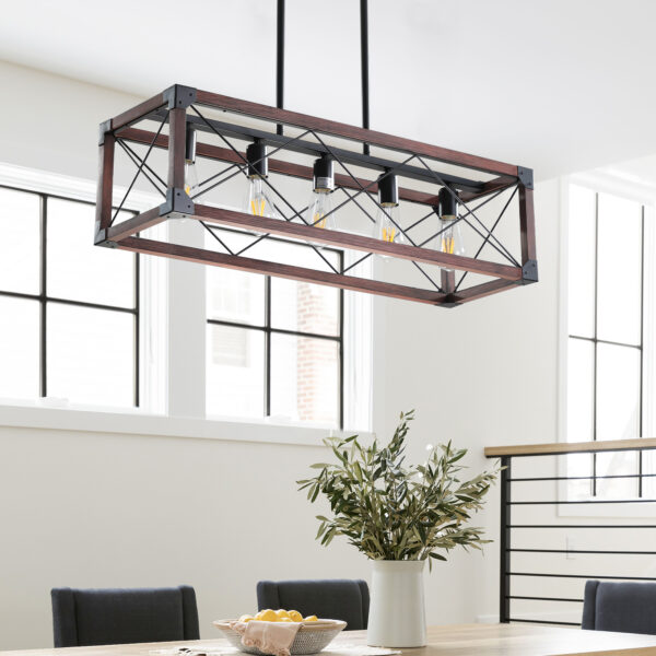 (Same as W1340P155968/L1011-RW) 32" Red Wood Industrial Farmhouse Rectangle Pendant Light, 5-Light Chandelier for Dining Room, Kitchen Island, Cafe Decor (No Bulbs)