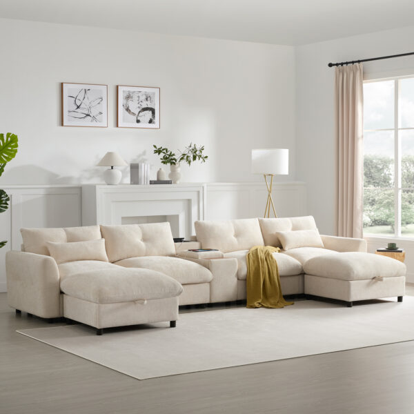 142'' Modular Sectional Sofa with Movable Storage Ottoman and Console,Cup Holder,Wide Seat,6 Seat U Shaped Couch,Oversized Chenille Sofa with USB Charger for Living Room,Apartment,2 Colors