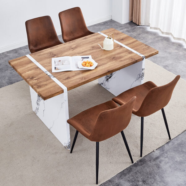 da143c5ab8114f40b553cac3d09e5fa0_5d3604bfa2af991ded84dd98a1f5f790 Natural Wood Grain MDF Dining Table - 55"x31.5" Stable Design.Suitable For Various Modern Home Decor Styles.Splicing structure design,Wood Textured Desktop,White Marble Patterned Table Legs.