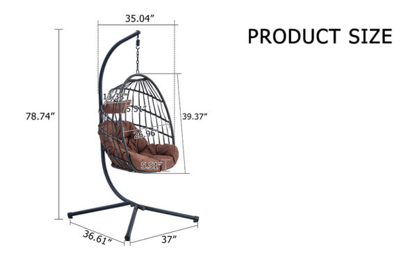 Indoor Outdoor Egg Swing Chair with Stand, Patio Grey Wicker Rattan Hanging Chair with Rope Back, Cushion,Cover,All Weather Foldable Hammock Chair for Bedroom, Porch, Garden