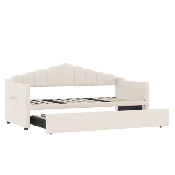 Upholstered Twin Size Daybed with Adjustable Height Pop Up Trundle Twin Bed and USB & Type-C Charging Port, Day Bed Frame with 2 Side Pockets, No Box-Spring Needed, Beige