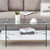 43.3 Inch Modern Two-Tier Coffee Table - An Elegant Combination of Clear Glass and White Marble Pattern.It can be used not only as a coffee table but also as a side table or display stand.